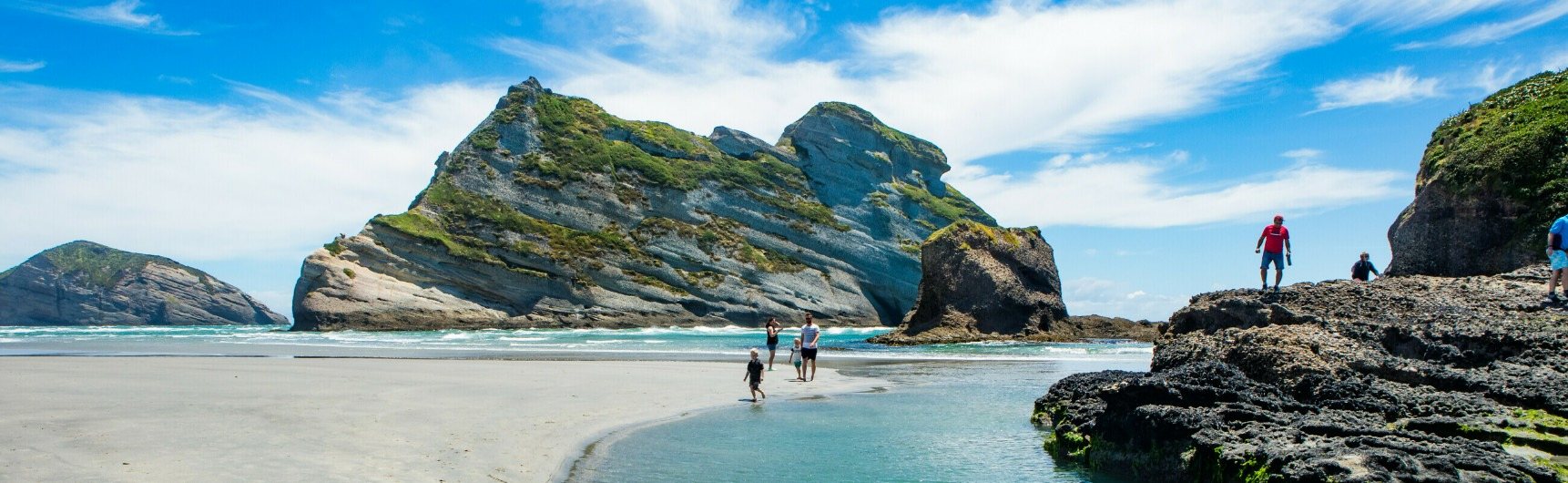People walking across a beach