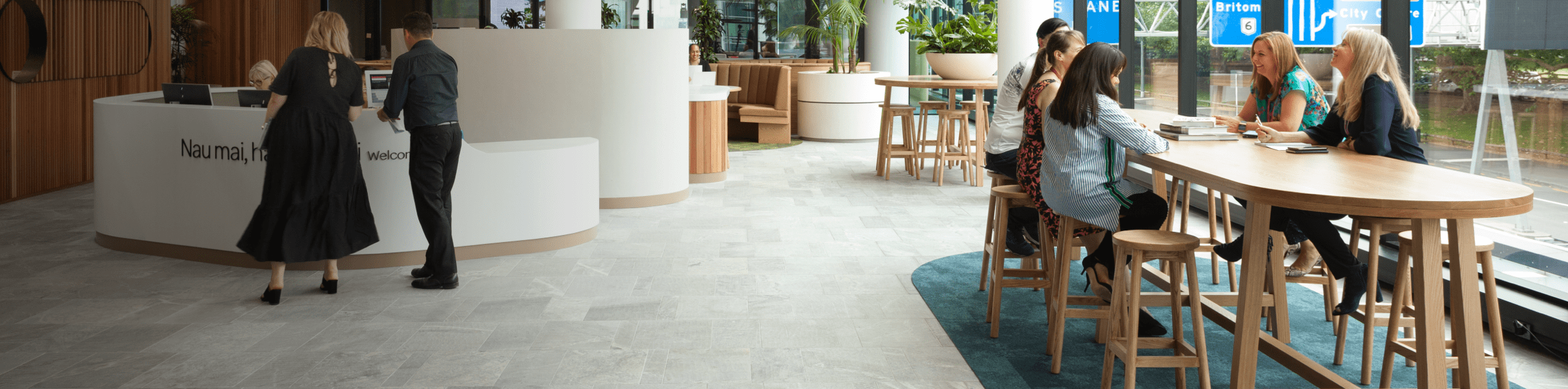 Employees in an office foyer