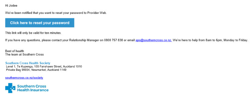 provider-web-updates-2020-reset-password A screenshot of a password reset email from Southern Cross Provider Web