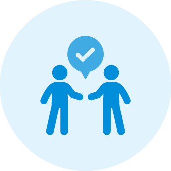 a tick in a speech bubble in the middle of two people